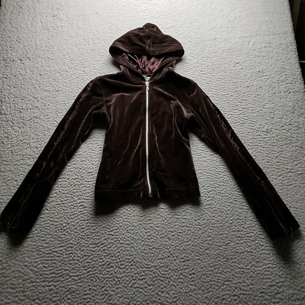 Nike Hoodie Womens Small Brown Velour Full Zip Embroidered Swoosh Logo Jacket